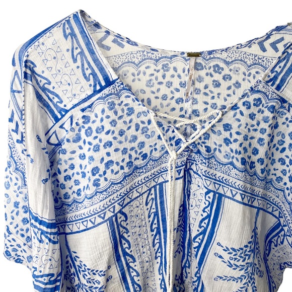 Free People Geometric Flowy Gauze Semi Sheer Boho Dolman Batwing Rope Tie Top XS - Picture 3 of 10